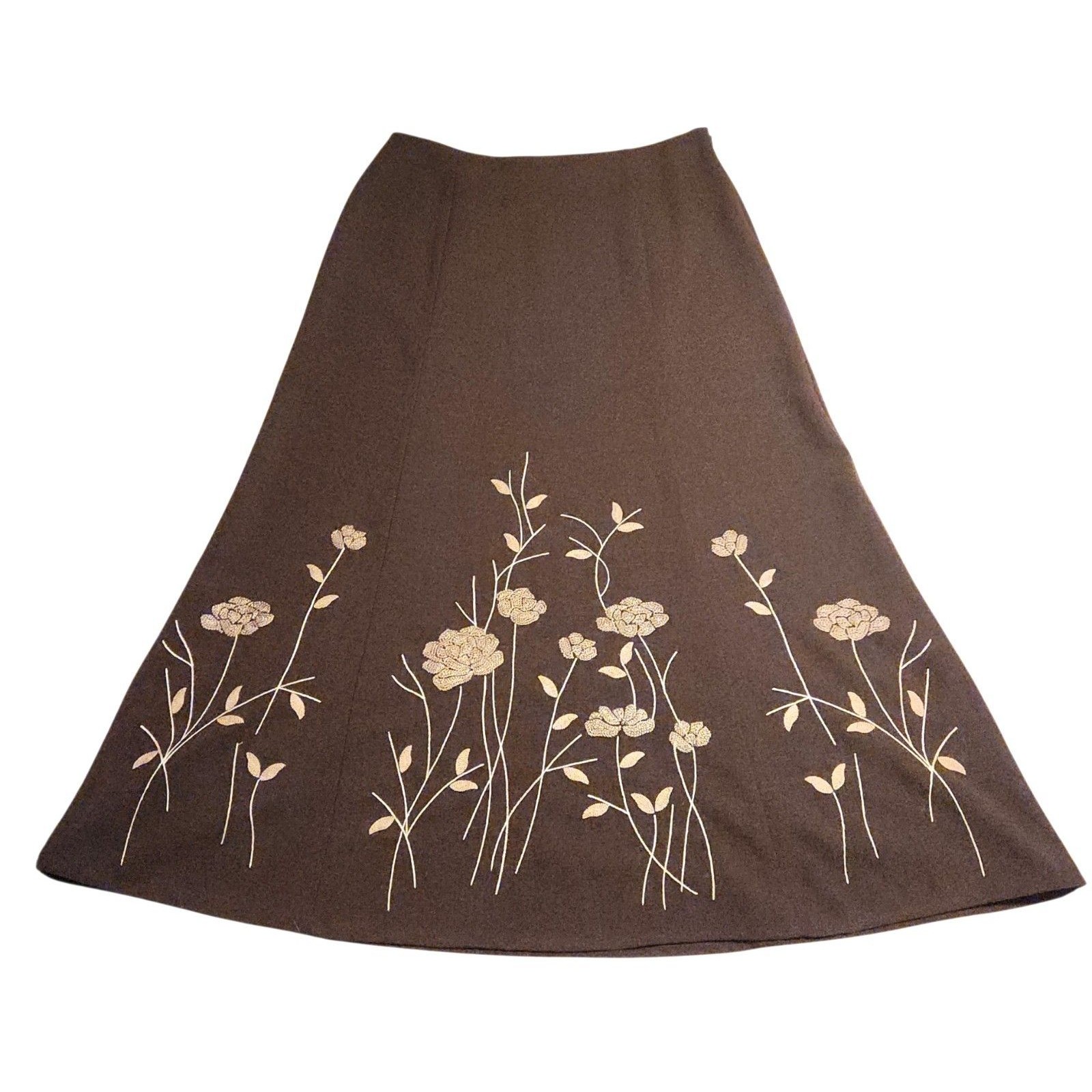 Vintage Michele Maxi Skirt Brown Floral Embroidery Size 12? *Read* Boho Cottage